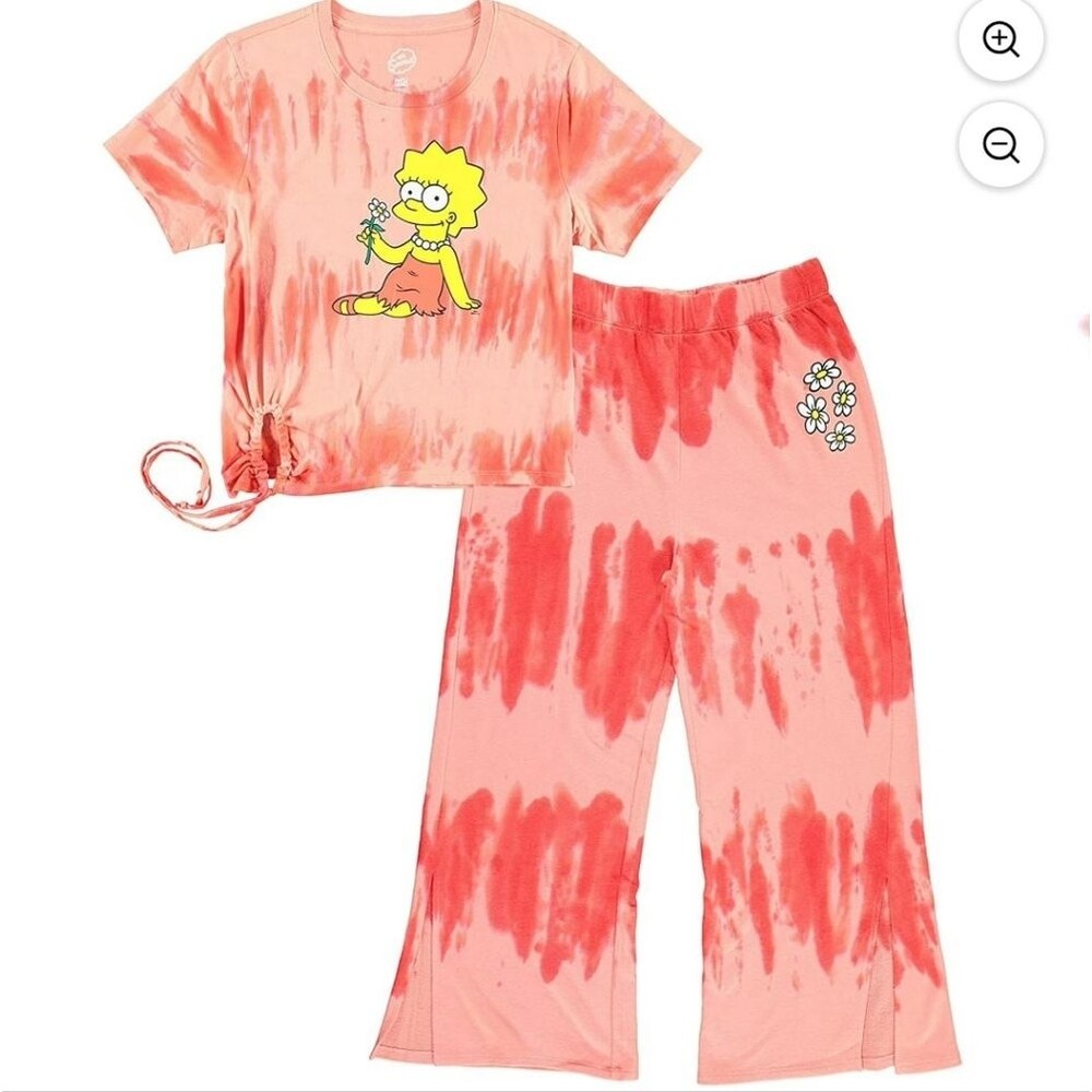 Lisa Simpson Kids Coral Tie-Dye Pajama Set with Floral Graphic Large Girls Large